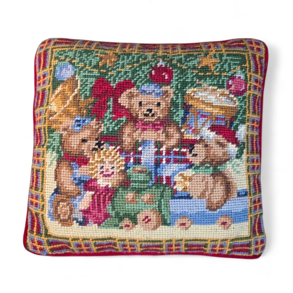 Vintage Needlepoint Christmas Teddy Bear Pillow w/ Velvet Back 10x10